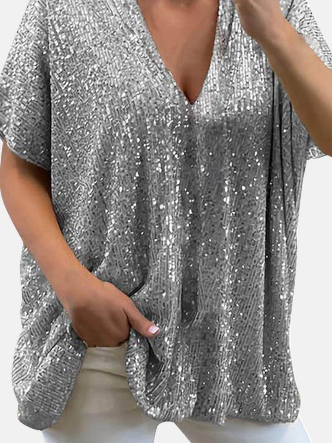 Full Size Sequin V-Neck Short Sleeve Top for Women