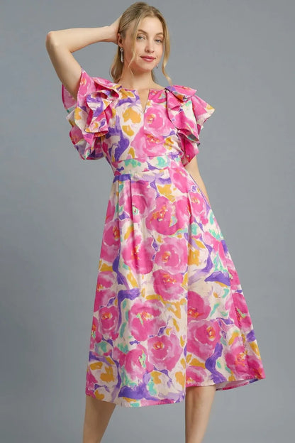 Umgee Floral Ruffled Cap Sleeve Midi Dress