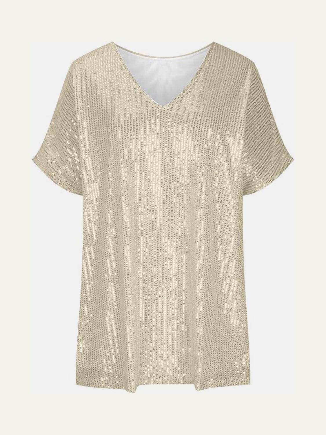 Full Size Sequin V-Neck Short Sleeve Top for Women