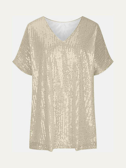 Full Size Sequin V-Neck Short Sleeve Top for Women