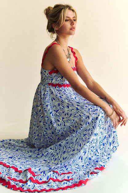 Davi &amp; Dani Geo 2 Tone Printed Wavi Trim Tiered Maxi Dress