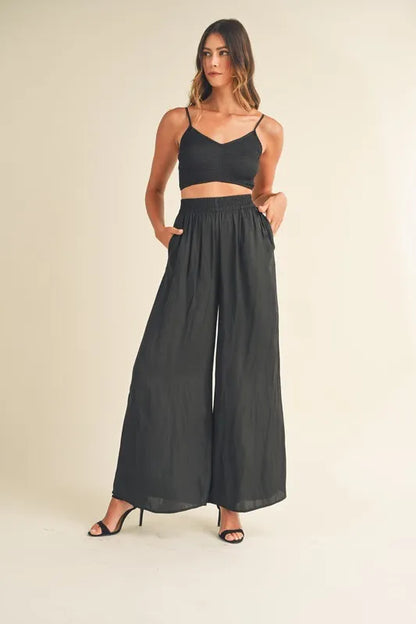 MABLE Smocked Bralette Crop Top and Wide Leg Pants Set