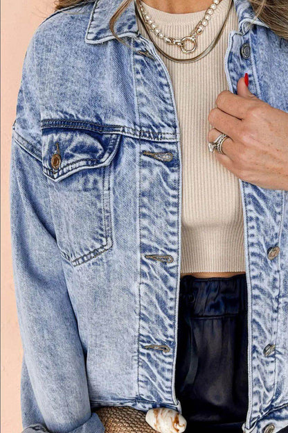 Pocketed Button Up Dropped Shoulder Denim Jacket for Women