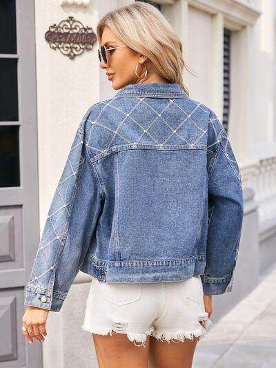 Pearl Trim Long Sleeve Denim Jacket For Women Stylish Fit