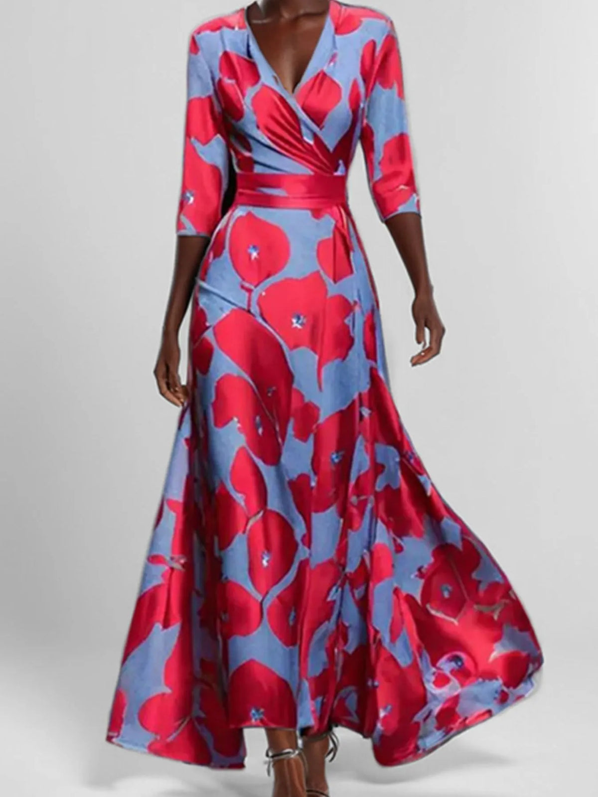 Floral Print Half Sleeve Wrap Maxi Dress