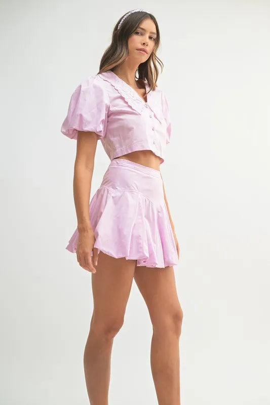 MABLE Puff Sleeve Button Down Top and Bubble Skirt Set