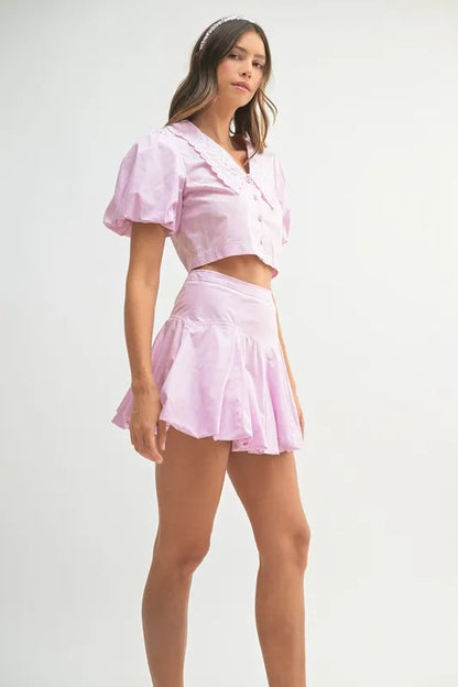 MABLE Puff Sleeve Button Down Top and Bubble Skirt Set