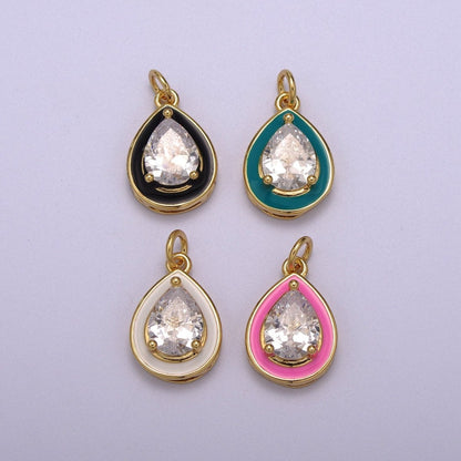 Big Clear CZ Enamel Colorful Tear Drop Shape Pendant 14K Gold Filled Enamel Charm, Necklace Bracelet Component M-666 - M-669