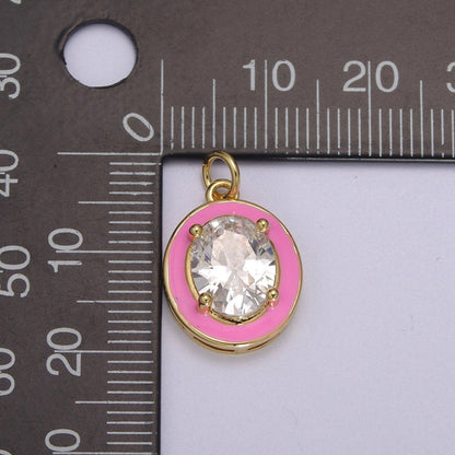 Big Clear CZ Micro Pave on Enamel Colorful Oval Coin Shape Pendant 14K Gold Filled Enamel Charm, Necklace Bracelet Component M-658 - M-661
