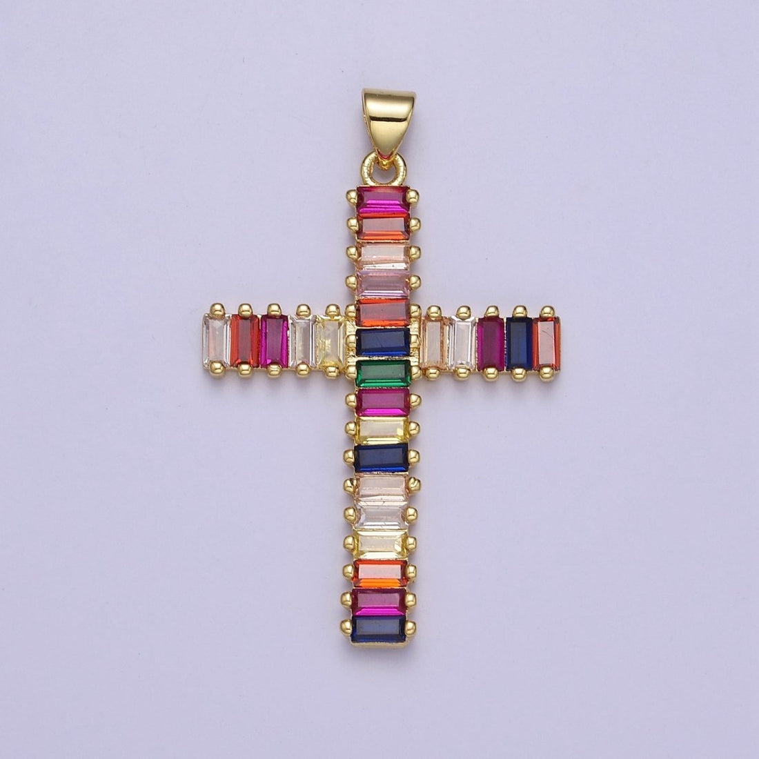Big Gold Multi Color Baguette Cross Pendant J-612