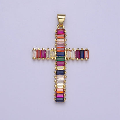 Big Gold Multi Color Baguette Cross Pendant J-612