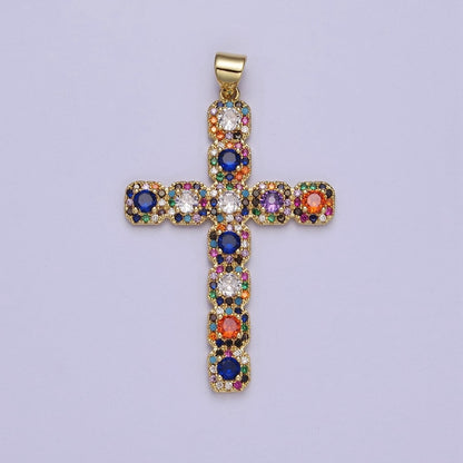 Big Gold Multi Color Cubic Zirconia Cross Pendant J-617