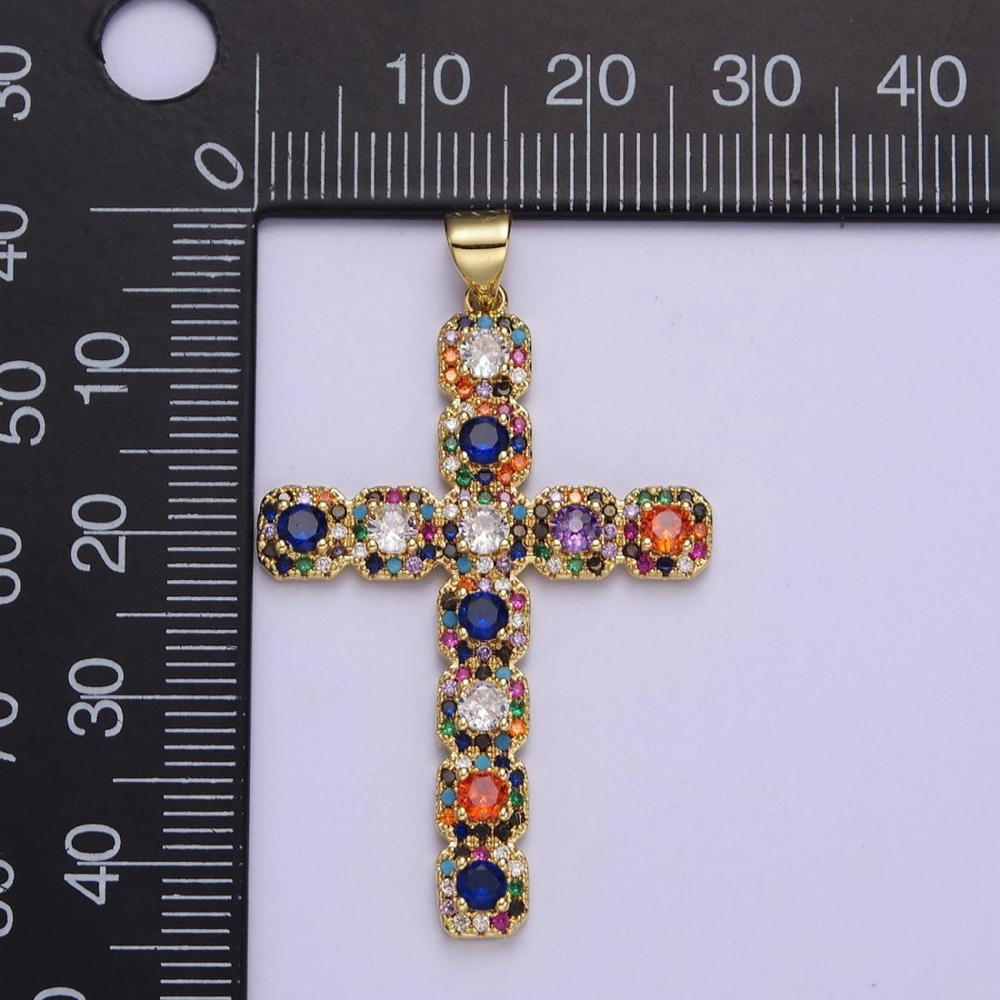 Big Gold Multi Color Cubic Zirconia Cross Pendant J-617