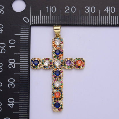Big Gold Multi Color Cubic Zirconia Cross Pendant J-617