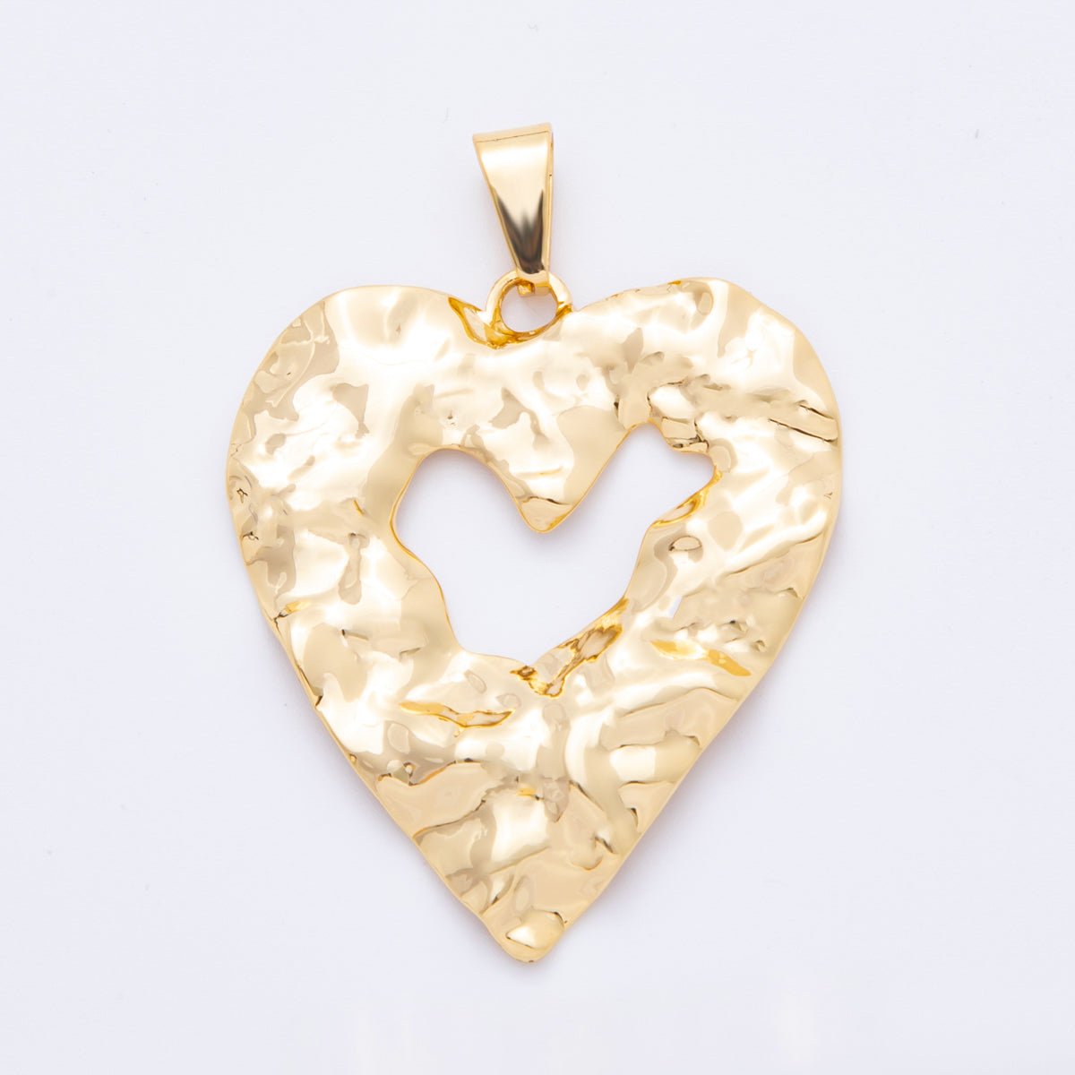 Big Gold Stainless Steel 55mm Open Hammered Geometric Heart Pendant Charm | J653