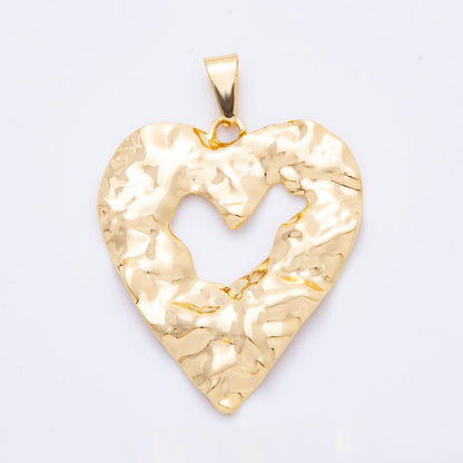Big Gold Stainless Steel 55mm Open Hammered Geometric Heart Pendant Charm | J653