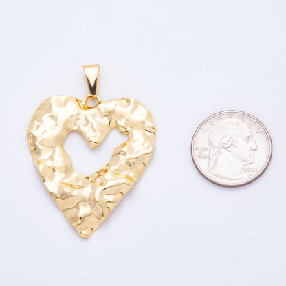 Big Gold Stainless Steel 55mm Open Hammered Geometric Heart Pendant Charm | J653