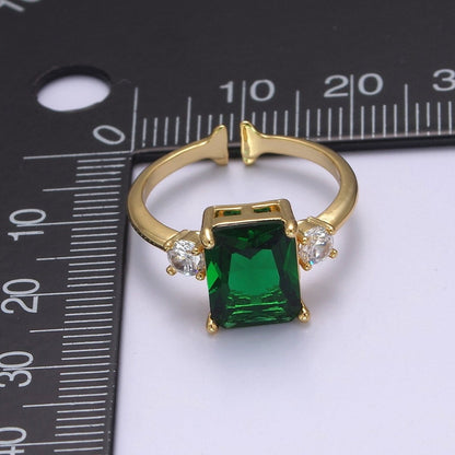 Big Square Emerald Green CZ Ring Gold Band open Adjustable Ring S-502