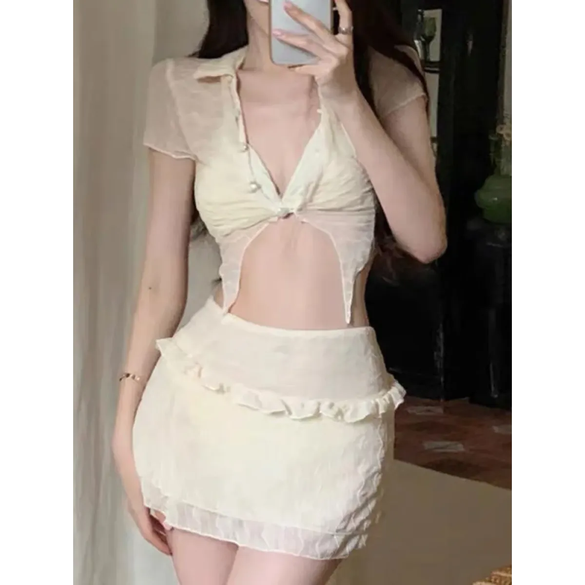 Ruffle Bikini Set – Sheer Short Sleeve Cover-Up with Skirt