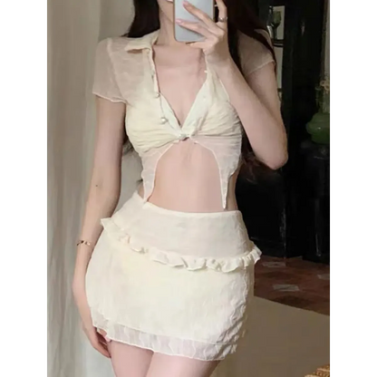 Ruffle Bikini Set – Sheer Short Sleeve Cover-Up with Skirt