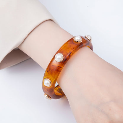 Black, Brown Tortoiseshell Shell Pearl Round Beaded Acrylic Resin Bangle Bracelet | WA-04439 WA-04440