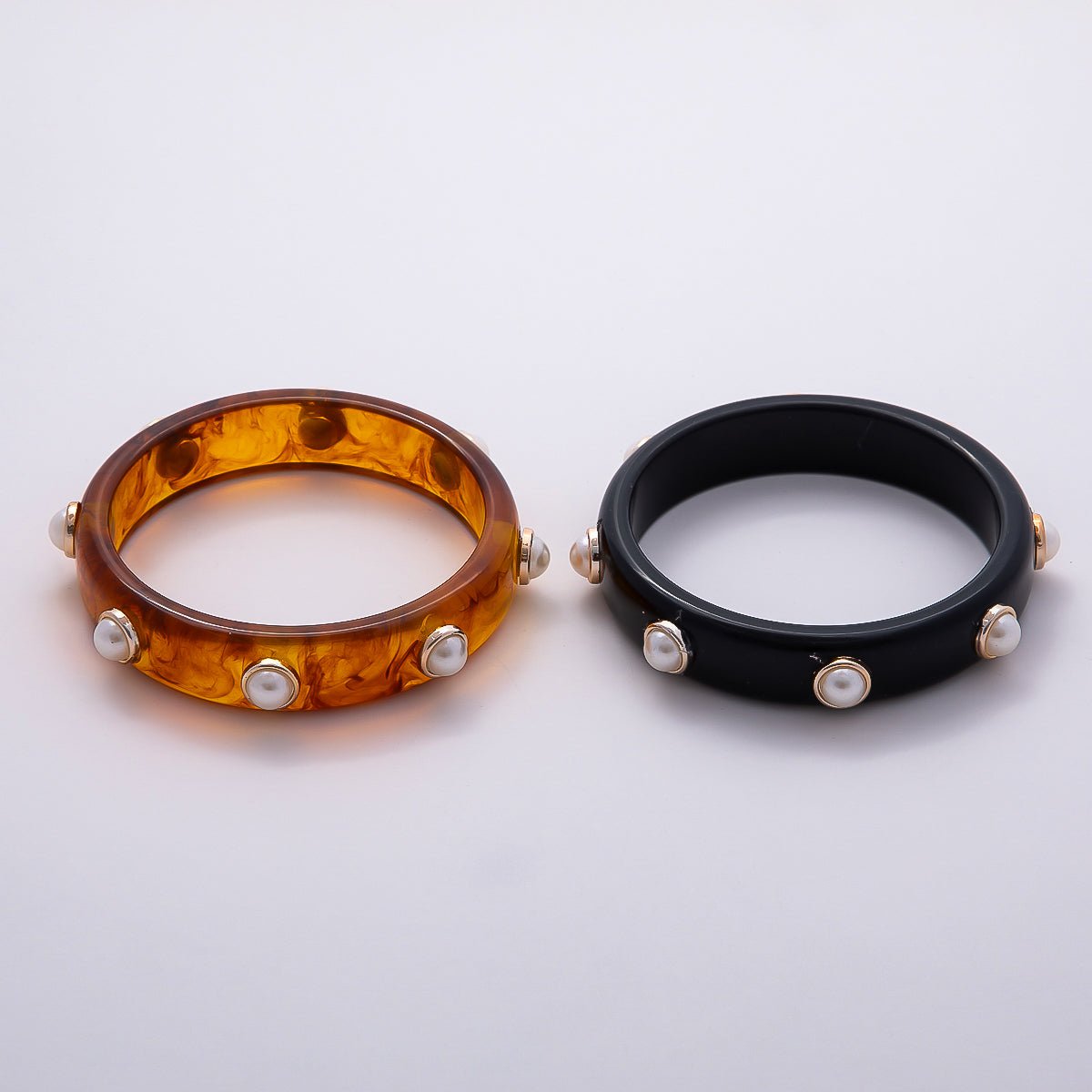 Black, Brown Tortoiseshell Shell Pearl Round Beaded Acrylic Resin Bangle Bracelet | WA-04439 WA-04440