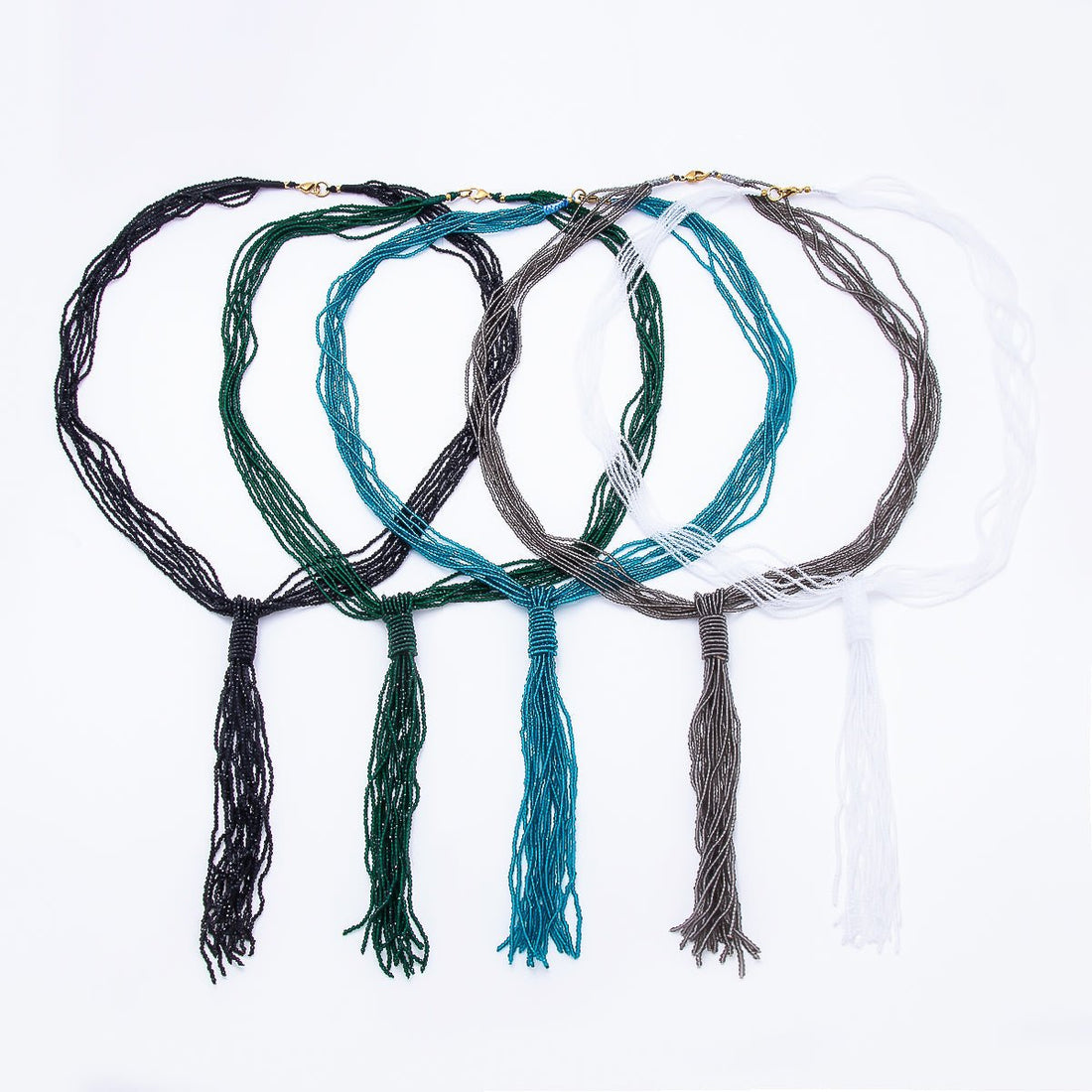 Black, Green, Blue, Grey, White Boho Multi Layer Fringe Knot Lariat Multifaceted Crystal Gemstone Chain 30 Inch Necklace | WA-01096 ~ WA-01142
