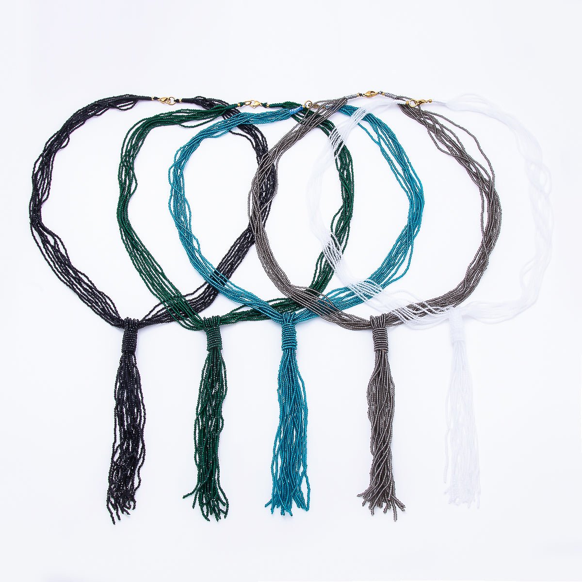 Black, Green, Blue, Grey, White Boho Multi Layer Fringe Knot Lariat Multifaceted Crystal Gemstone Chain 30 Inch Necklace | WA-01096 ~ WA-01142