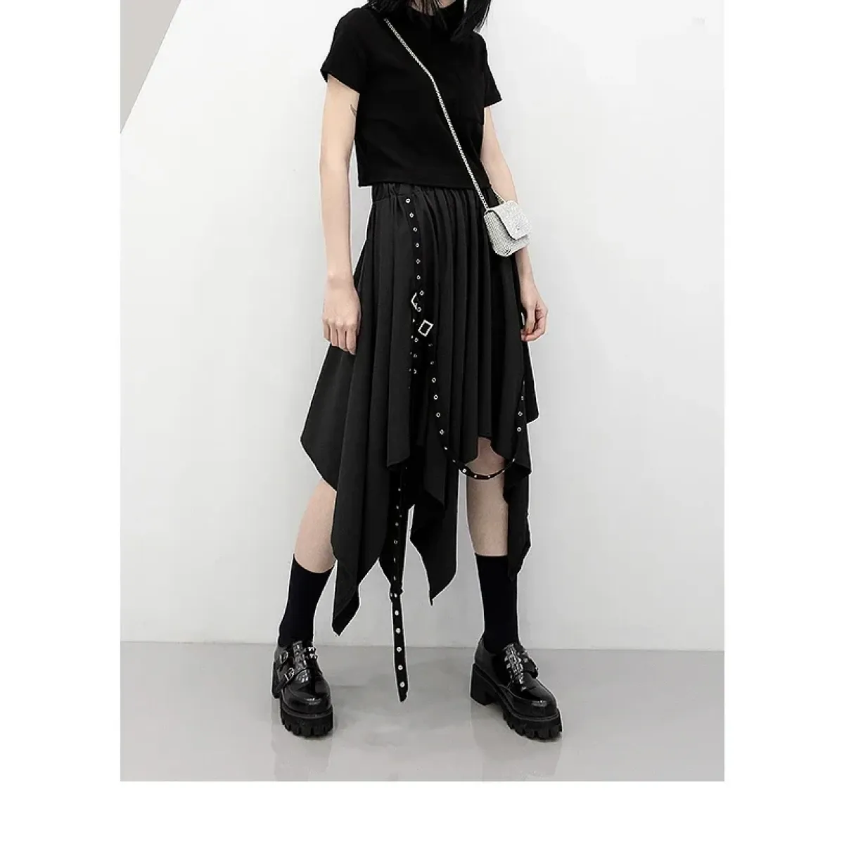 Black Irregular Hem Gothic Punk Skirt – Buckle Straps &amp; Studded Details