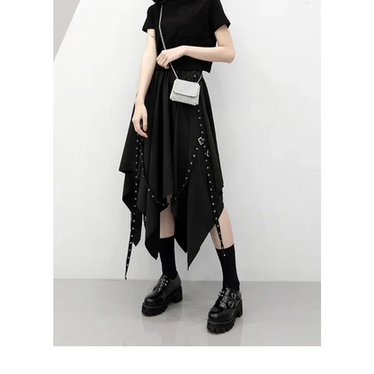 Black Irregular Hem Gothic Punk Skirt – Buckle Straps &amp; Studded Details