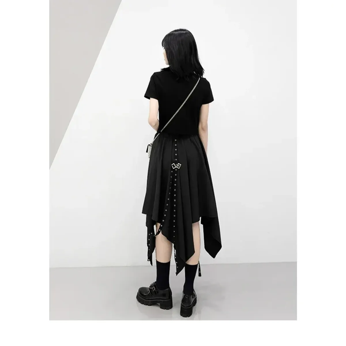 Black Irregular Hem Gothic Punk Skirt – Buckle Straps &amp; Studded Details