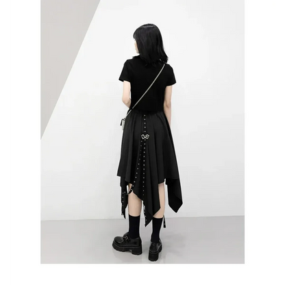 Black Irregular Hem Gothic Punk Skirt – Buckle Straps &amp; Studded Details