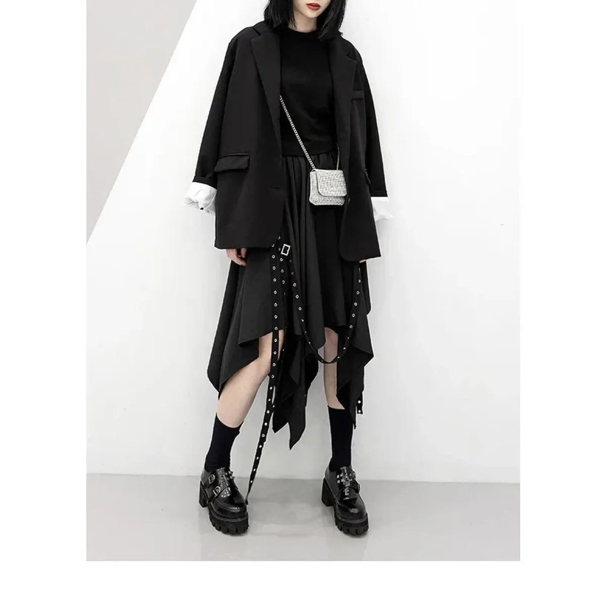 Black Irregular Hem Gothic Punk Skirt – Buckle Straps &amp; Studded Details