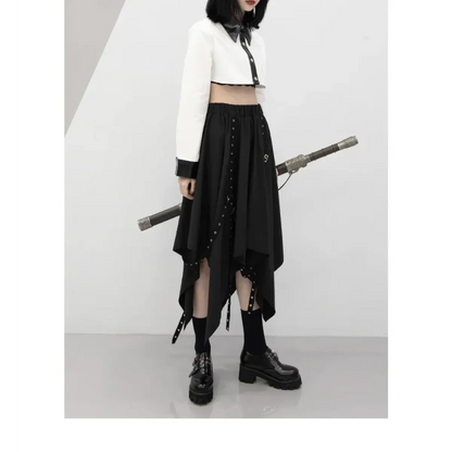 Black Irregular Hem Gothic Punk Skirt – Buckle Straps &amp; Studded Details