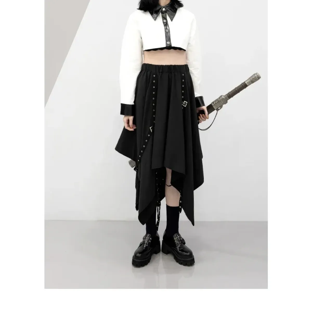 Black Irregular Hem Gothic Punk Skirt – Buckle Straps &amp; Studded Details
