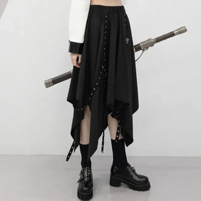 Black Irregular Hem Gothic Punk Skirt – Buckle Straps &amp; Studded Details
