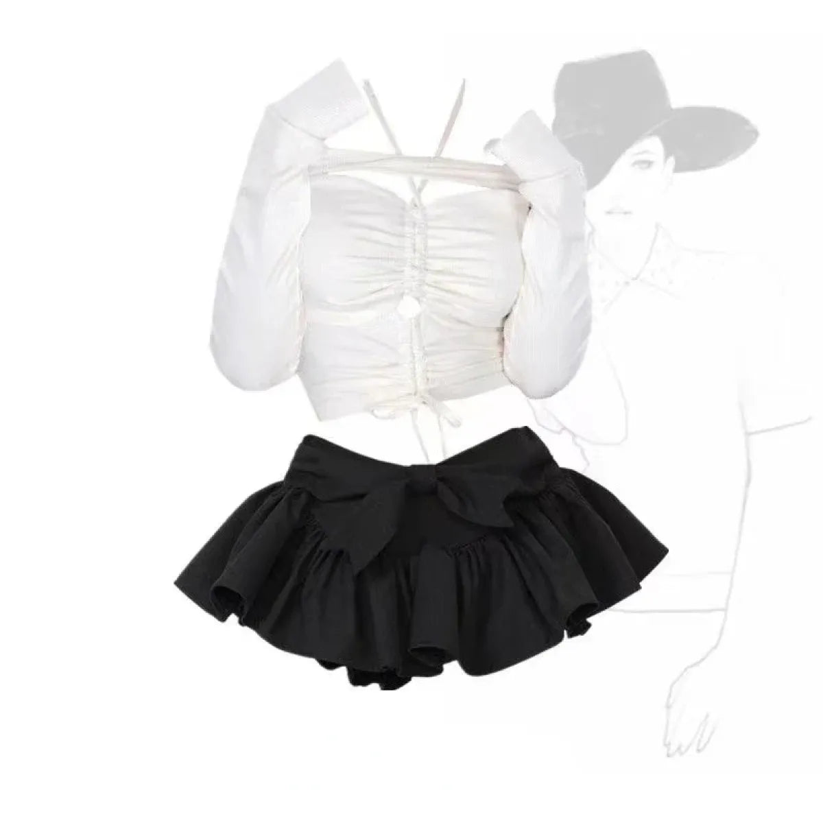Off-Shoulder Crop Top &amp; Black Mini Skirt Set – Kawaii Y2K