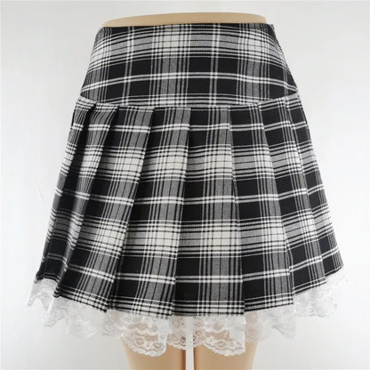 Red Black Plaid Lace Gothic Punk Skirt – Pleated Y2K Harajuku Style