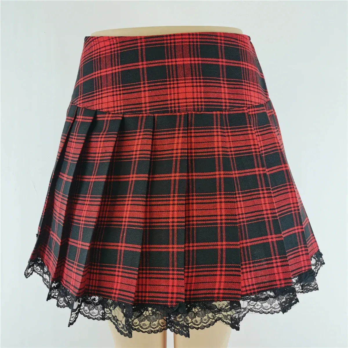 Red Black Plaid Lace Gothic Punk Skirt – Pleated Y2K Harajuku Style