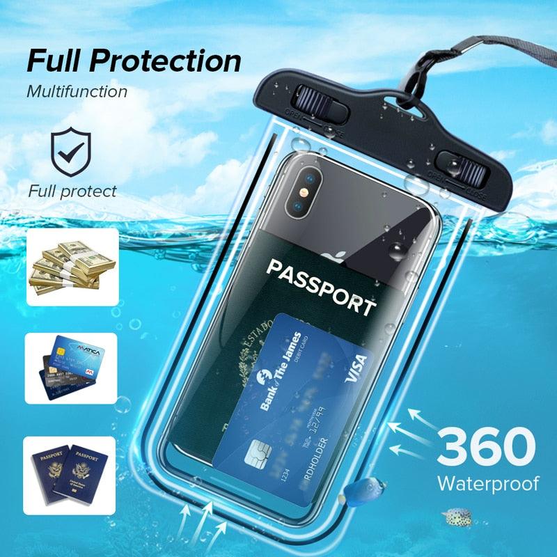 Black Waterproof Mobile Cover Pouch Mobile Case Phone Pouch for iPhone Outdoor Waterproof Phone Case Universal Bag For iPhone 13 12 11 Pro Max Waterproof Phone Pouch Case &amp; Strap