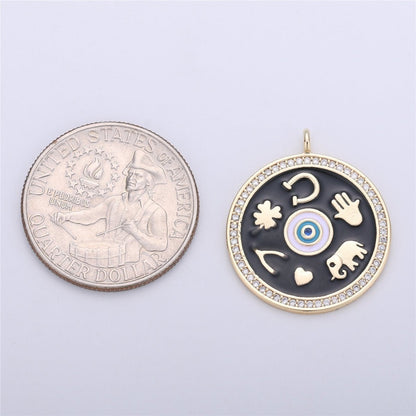 Black White Enamel Talisman Charm Necklace, Gold Filled Coin Round Pendant Lucky Medallion Pendant for Necklace Jewelry Making Supply C-688