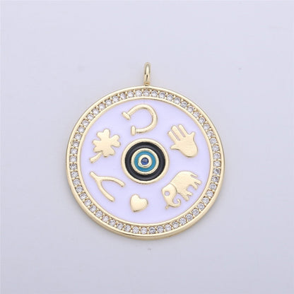Black White Enamel Talisman Charm Necklace, Gold Filled Coin Round Pendant Lucky Medallion Pendant for Necklace Jewelry Making Supply C-688