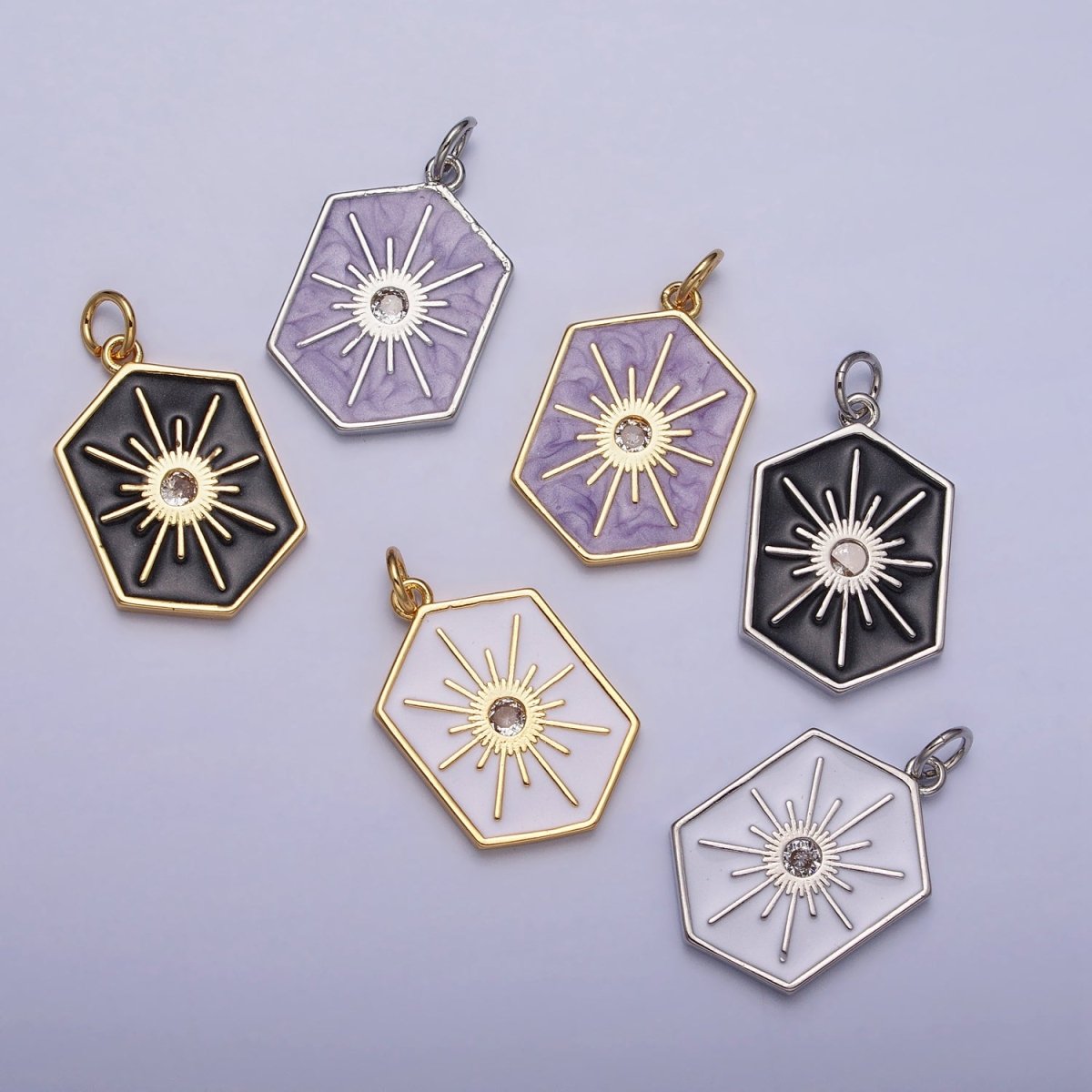 Black, White, Purple Hexagonal Celestial Sun Star Charm in Gold &amp; Silver | AC320 - AC325