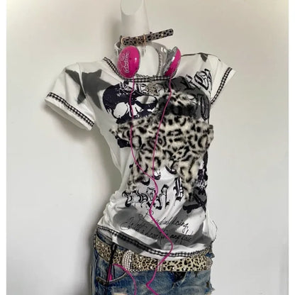 Y2K Punk Tee – Leopard Print Patchwork &amp; Skull Graphic