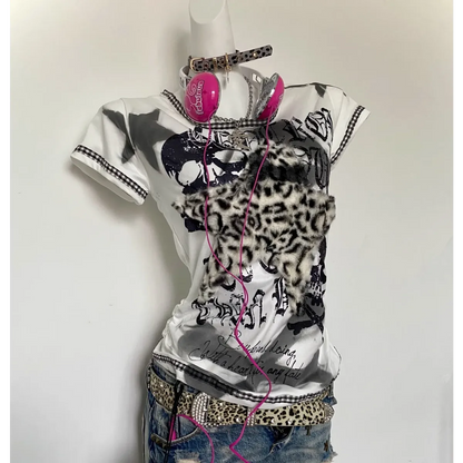 Y2K Punk Tee – Leopard Print Patchwork &amp; Skull Graphic