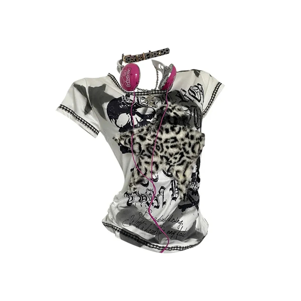 Y2K Punk Tee – Leopard Print Patchwork &amp; Skull Graphic