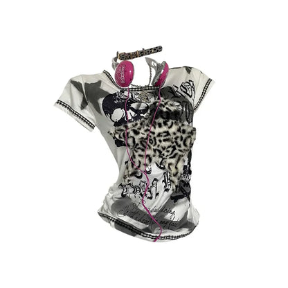 Y2K Punk Tee – Leopard Print Patchwork &amp; Skull Graphic