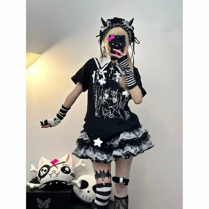 Y2K Punk Lace Mini Skirt – Gothic Layered A-Line Skirt