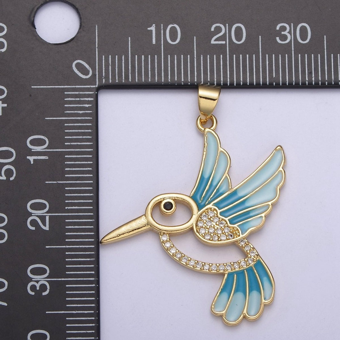Blue Enamel Gold Hummingbird Charm 14k Gold Filled Humming Bird Pendant 38mmx31mm gold Cz Animal jewelry H-101