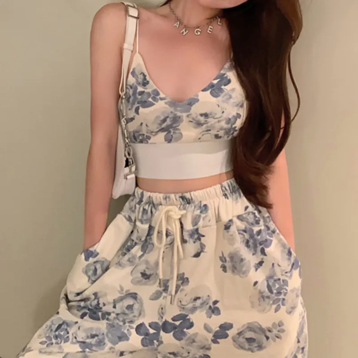 Blue Floral Two-Piece Set – V-Neck Camisole &amp; Drawstring Pants